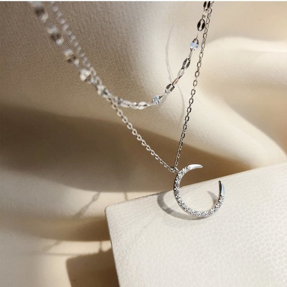 #NEW 925 Sterling Silver Diamond Crescent Moon Double Layer Necklace - Picture 5 of 7